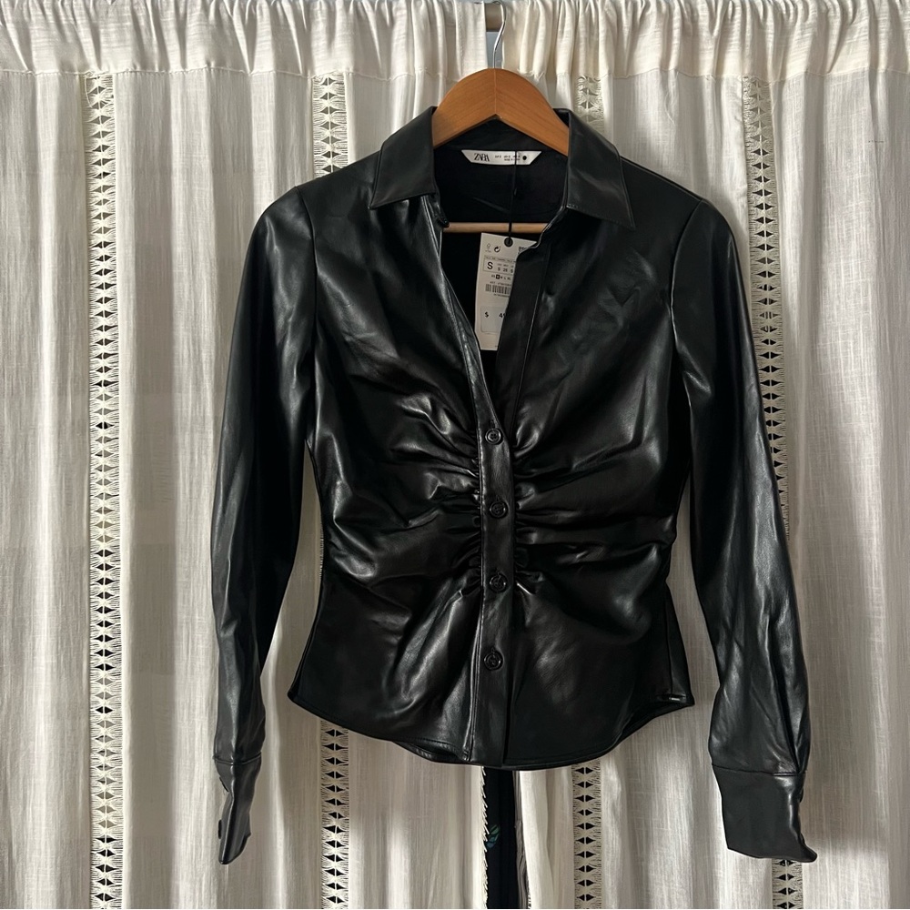 Zara Pleated Faux Leather Shirt (Black)